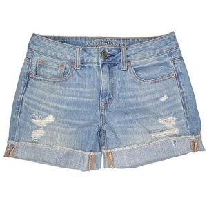 American Eagle Outfitters Jean Shorts Boy Midi Distressed Denim Blue Size 0